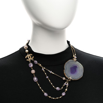 CHANEL Beaded Quartz Amethyst Crystal CC Chain Necklace Gold Purple