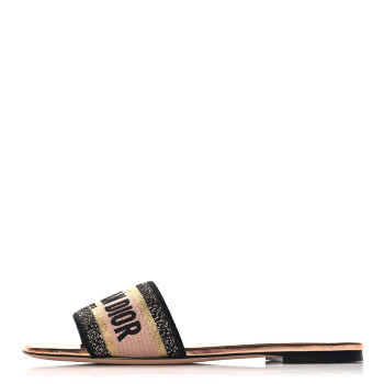 CHRISTIAN DIOR Canvas Lurex Embroidered Dway Flat Slide Sandals 40 Black Gold