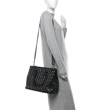 PRADA City Calf Grommet Large Double Zip Tote Black