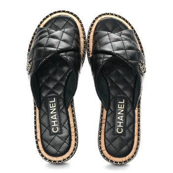 CHANEL Lambskin Quilted Chain CC Sandals 38 Black