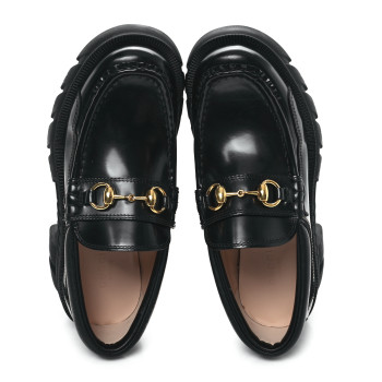 GUCCI Magnum Calfskin Nappa Samoa Womens Horsebit Platform Chunky Lug Sole 40mm Loafers 35 Black