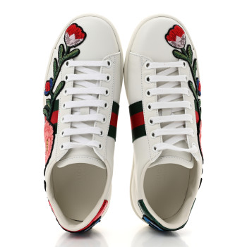 GUCCI Calfskin Web Floral Embroidered Womens Ace Sneakers 35 White