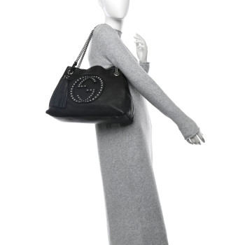 GUCCI Pebbled Calfskin Studded Medium Soho Chain Shoulder Bag Black