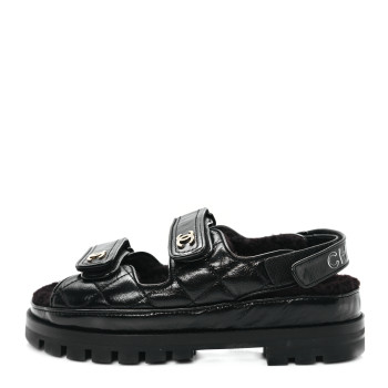 CHANEL Laminated Lambskin Shearling Crystal CC Velcro Dad Platform Sandals 38 Black