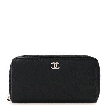 CHANEL Lambskin Camellia Embossed Large Zip Around Gusset Wallet Black