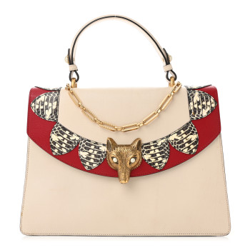 GUCCI Goatskin Elaphe Pearl Medium Fox Broche Top Handle Bag Hibiscus Red Mystic White