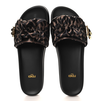 FENDI Satin FF Fendi Feel Slide Sandals 40 Tobacco Black