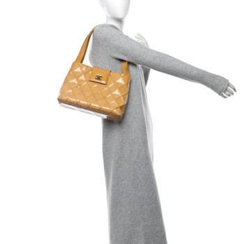 CHANEL Patent Quilted Shoulder Bag Beige