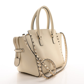 VALENTINO GARAVANI Vitello Small Rockstud Double Handle Tote Ivory