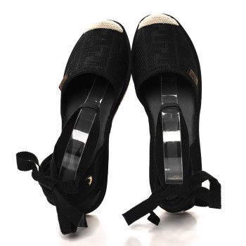 FENDI Canvas FF Embroidered Roma Ankle Wrap Flat Espadrilles 40 Black