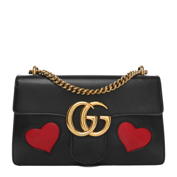 GUCCI Knight Calfskin Malaga Kid Heart Medium GG Marmont Chain Handle Bag Black Hibiscus Red Multicolor
