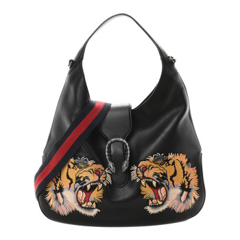 GUCCI Calfskin Web Tiger Embroidered Large Dionysus Hobo Black