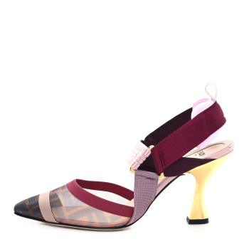 FENDI Technical Mesh FF Colibri 85mm Slingback Pumps 36.5 Tobacco Moro Black Anemone