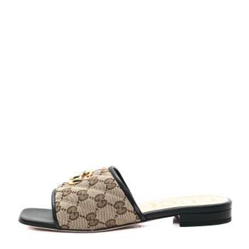 GUCCI Monogram Matelasse Diagonal GG Marmont Flat Slide Sandals 37.5 Beige Ebony Black