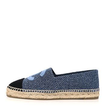 CHANEL Cotton Tweed CC Espadrilles 40 Blue Ecru Black