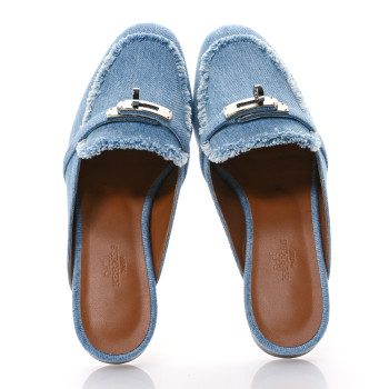 HERMES Denim Fringed Oz Mules 36 Bleu Clair