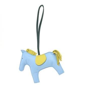HERMES Milo Lambskin Grigri Rodeo Horse Bag Charm GM Bleu Celeste Lime Malachite