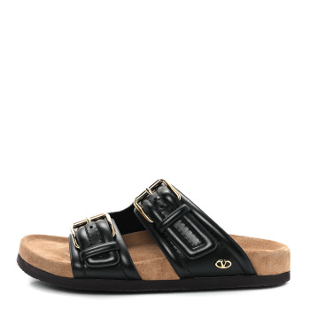 VALENTINO GARAVANI Calfskin Fussfriend Double Buckle Slide Sandals 38 Black