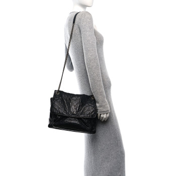 SAINT LAURENT Crinkled Calfskin Matelasse Monogram Large Niki Chain Satchel Black