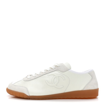 CHANEL Calfskin Suede Womens CC Sneakers 40 White