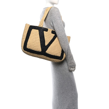 VALENTINO GARAVANI Raffia Large Viva Superstar Shopping Tote Natural Black