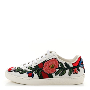 GUCCI Calfskin Web Floral Embroidered Womens Ace Sneakers 35 White