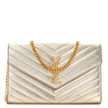 SAINT LAURENT Metallic Crackled Calfskin Matelasse Chevron Monogram Chain Wallet Gold
