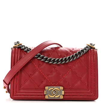 CHANEL Calfskin Quilted Double Stitch Medium Boy Flap Red