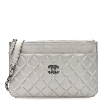 CHANEL Metallic Lambskin Quilted Clutch With Chain Silver