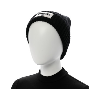 CHANEL Cashmere Beaded Sequin Logo Beanie Hat Black