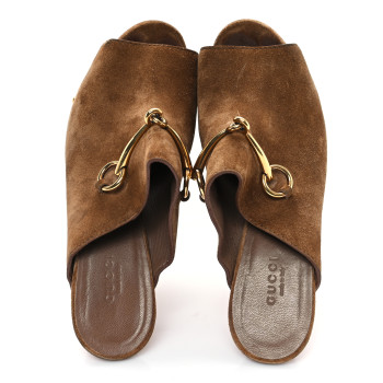 GUCCI Suede Horsebit Clog Slide Sandals 37.5 Brown