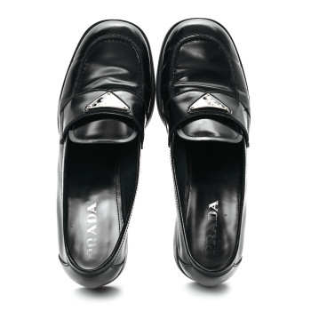 PRADA Spazzolato Metal Triangle Logo 20mm Loafers 39.5 Black