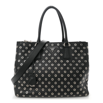 PRADA City Calf Grommet Large Double Zip Tote Black