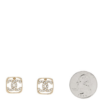CHANEL Metal Crystal Square CC Earrings Gold