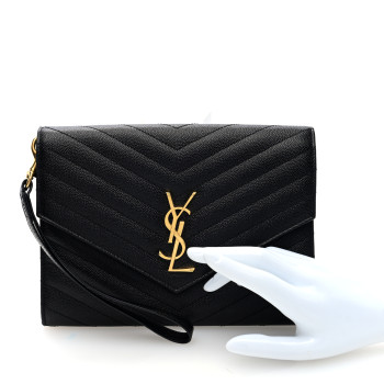 SAINT LAURENT Grain De Poudre Matelasse Chevron Monogram Envelope Clutch Black