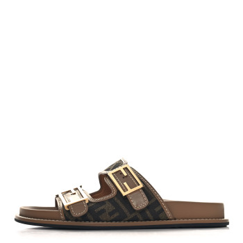 FENDI Fabric Jacquard Nappa FF Womens Fendi Feel Buckled Slide Sandals 40 Tobacco Black Miele Scuro