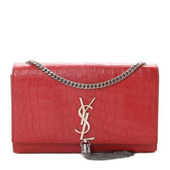 SAINT LAURENT Calfskin Crocodile Embossed Medium Classic Monogram Kate Tassel Satchel New Red