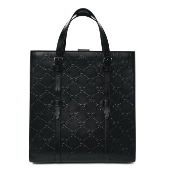 GUCCI Calfskin GG Tennis Embossed Medium Tote Bag Black