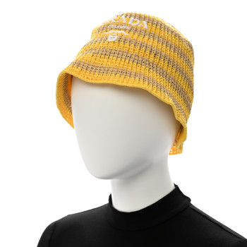 PRADA Raffia Striped Logo Embroidered Womens Bucket Hat M Naturale Giallo