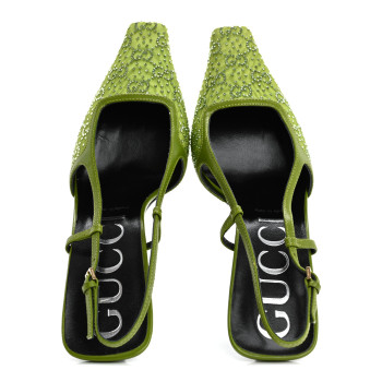 GUCCI Moire Fabric Malaga Kid Crystal GG Monogram Square G 75mm Slingback Pumps 40 Lemon Leaf