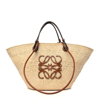 LOEWE Calfskin Raffia Paulas Ibiza Medium Anagram Basket Tote Bag Natural Tan
