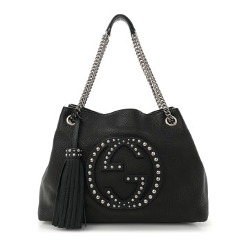 GUCCI Pebbled Calfskin Studded Medium Soho Chain Shoulder Bag Black