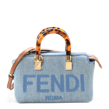 FENDI Denim Vitello King Plexiglass Logo Embroidered Mini By The Way Top Handle Boston Bag Denim Cuoio
