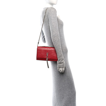 SAINT LAURENT Calfskin Crocodile Embossed Medium Classic Monogram Kate Tassel Satchel New Red