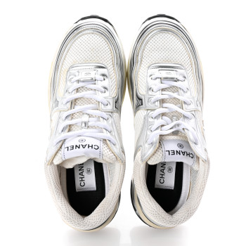 CHANEL Fabric Laminated Calfskin Stretch CC Sneakers 39.5 White Gold Silver