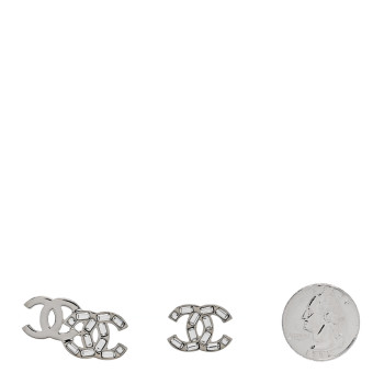 CHANEL Baguette Crystal Double CC Earrings Silver
