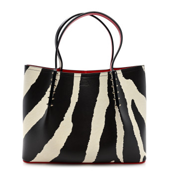 CHRISTIAN LOUBOUTIN Calfskin Zebra Print Spiked Large Cabarock Shopper Tote Brown White