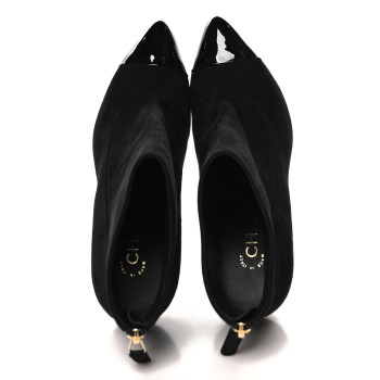 CHANEL Kid Suede Patent Calfskin Pearl Short Boots 39 Black