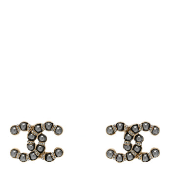 CHANEL Pearl Crystal Nefertiti CC Earrings Gold Dark Grey
