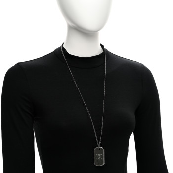 CHANEL Metal Crystal Ruthenium Dog Tag Charm Necklace Black